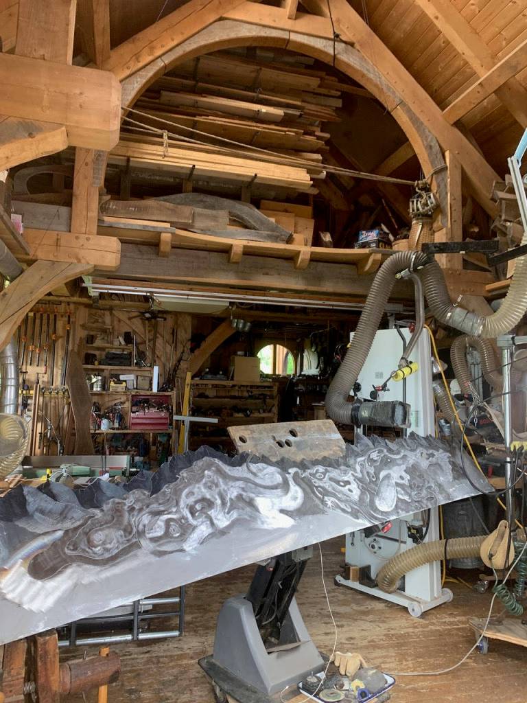 Day Breeze, a three-piece, 13-foot-long heat-colored steel engraving is a commission in progress by Jeff Dean, currently on display at the Dean Gallery. Photo provided by The Dean Gallery