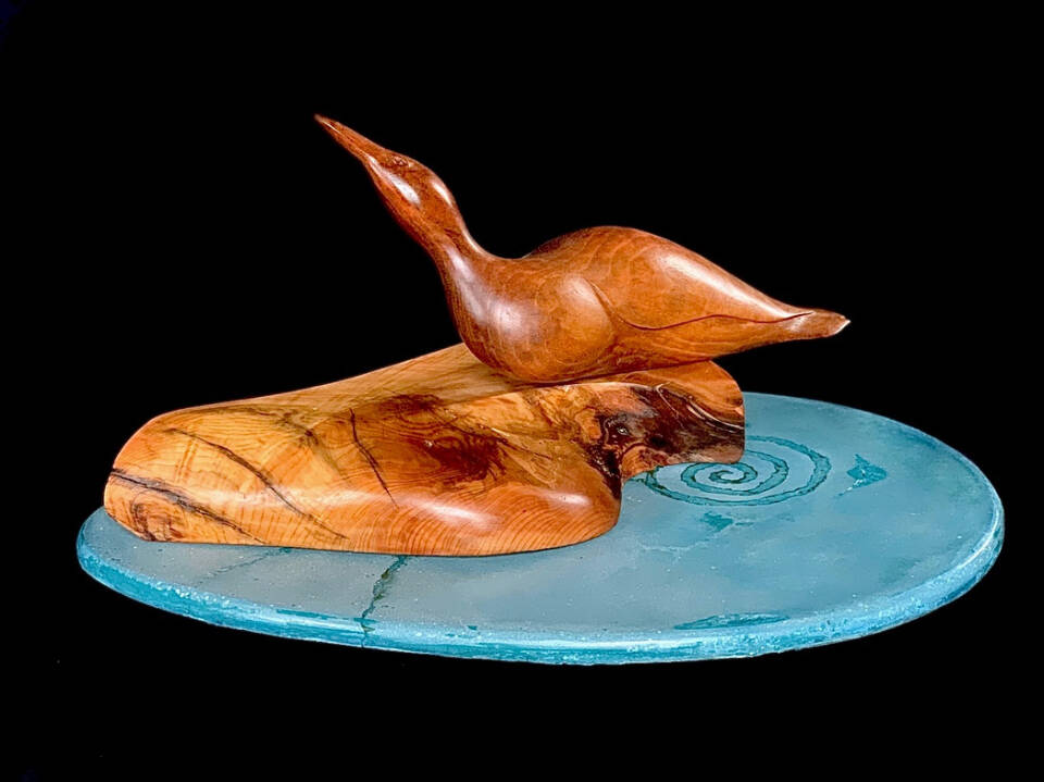 Loon(er) Landing, a spruce and colored concrete sculpture by Leo Vait is on display in his solo exhibit at Homer Council on the Arts through July. Photo provided by Homer Council on the Arts