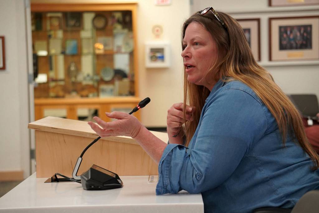 Elizabeth Stark speaks to the Kenai Peninsula Borough Assembly in Soldotna, Alaska, on Tuesday, June 18, 2024. (Jake Dye/Peninsula Clarion)