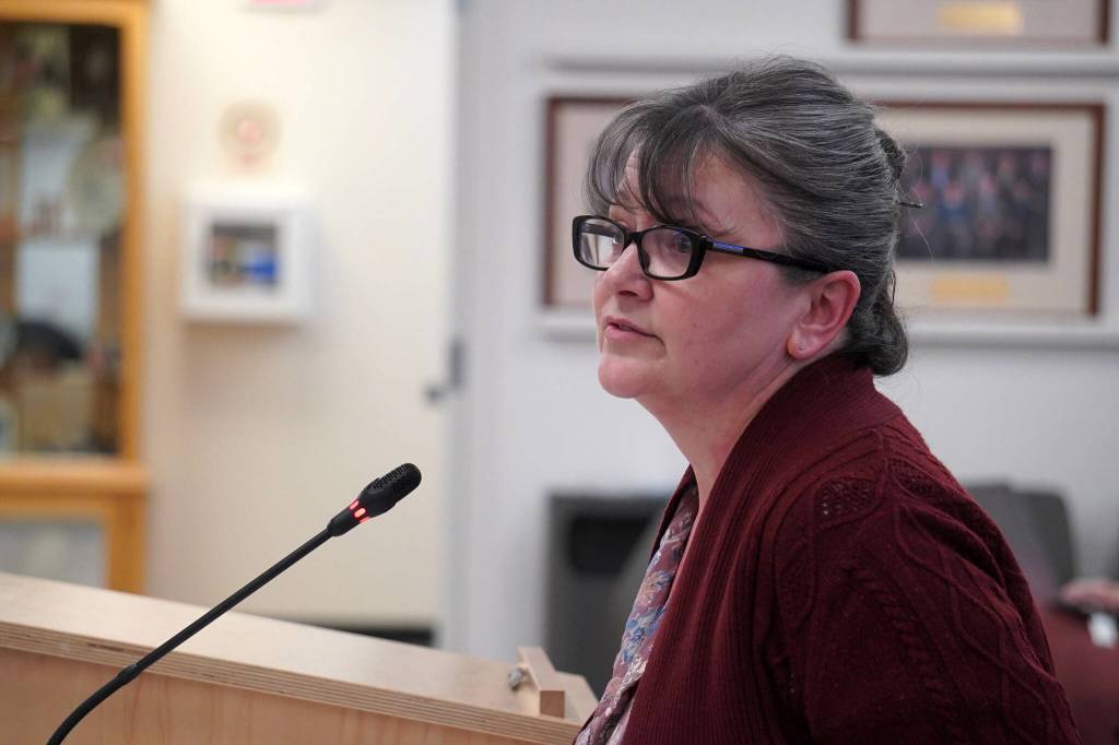 Adrienne Sweeney speaks to the Kenai Peninsula Borough Assembly in Soldotna, Alaska, on Tuesday, June 18, 2024. (Jake Dye/Peninsula Clarion)
