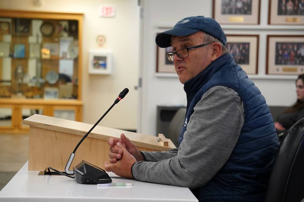 Jon Faulkner speaks to the Kenai Peninsula Borough Assembly in Soldotna, Alaska, on Tuesday, June 18, 2024. (Jake Dye/Peninsula Clarion)
