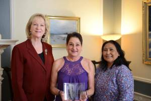 Lt. Governor Nancy Dahlstrom, Cindy Harris and First Lady Rose Dunleavy stand for a photo at a ceremonial luncheon at the Governors Residence in Juneau, Alaska. (Photo courtesy Office of the Governor)