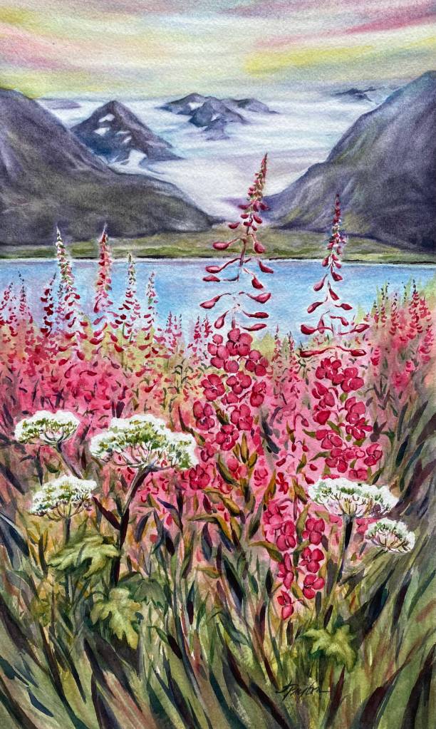 Ode to Fireweed is a watercolor painting by Jan Peyton on display in her solo exhibit through July at Fireweed Gallery in Homer, Alaska. Photo provided by Fireweed Gallery