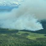 The Tustumena Lake fire, about 20 miles south of Soldotna, can be seen from above in July 2024 on the Kenai Peninsula, Alaska. (Photo courtesy Dale Eicher)