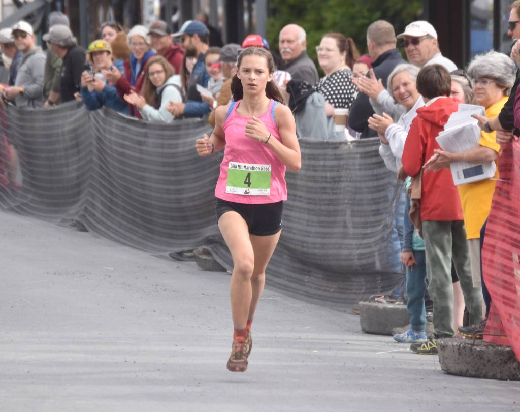 Sewards Olive Jordan wins the girls race at the Mount Marathon Race on Thursday, July 4, 2024, in Seward, Alaska. (Photo by Jeff Helminiak/Peninsula Clarion)