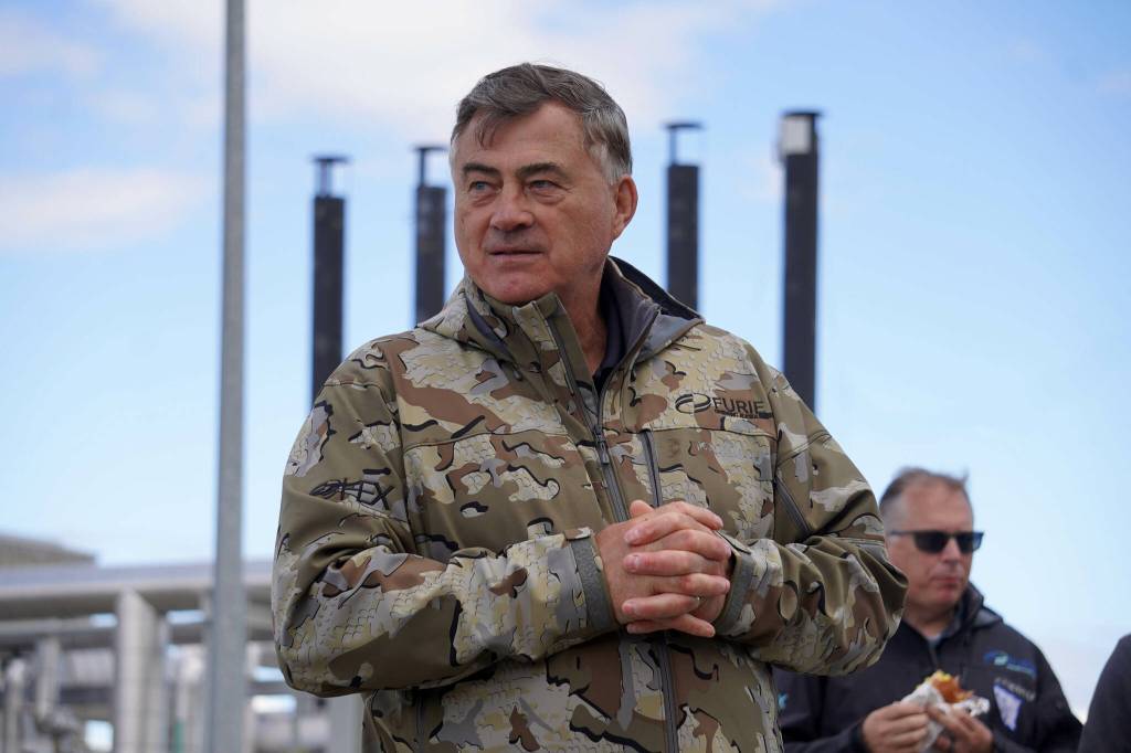 HEX President and CEO John Hendrix speaks before the test of a drone that flies beyond visual line of sight at Furies central processing facility in Nikiski, Alaska, on Wednesday, July 10, 2024. (Jake Dye/Peninsula Clarion)
