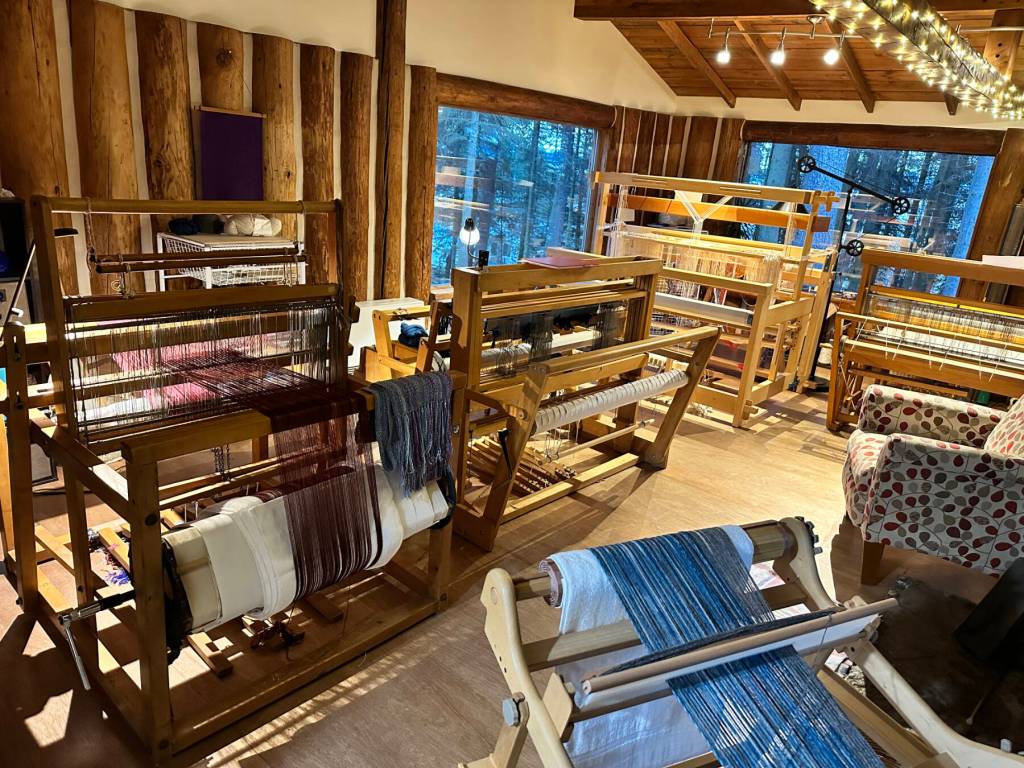 Weaving looms stand in Kindred Spirits Weaving Studio, open for First Friday on Aug. 2, 2024 in Homer, Alaska. Photo provided by Kindred Spirits Weaving Studio