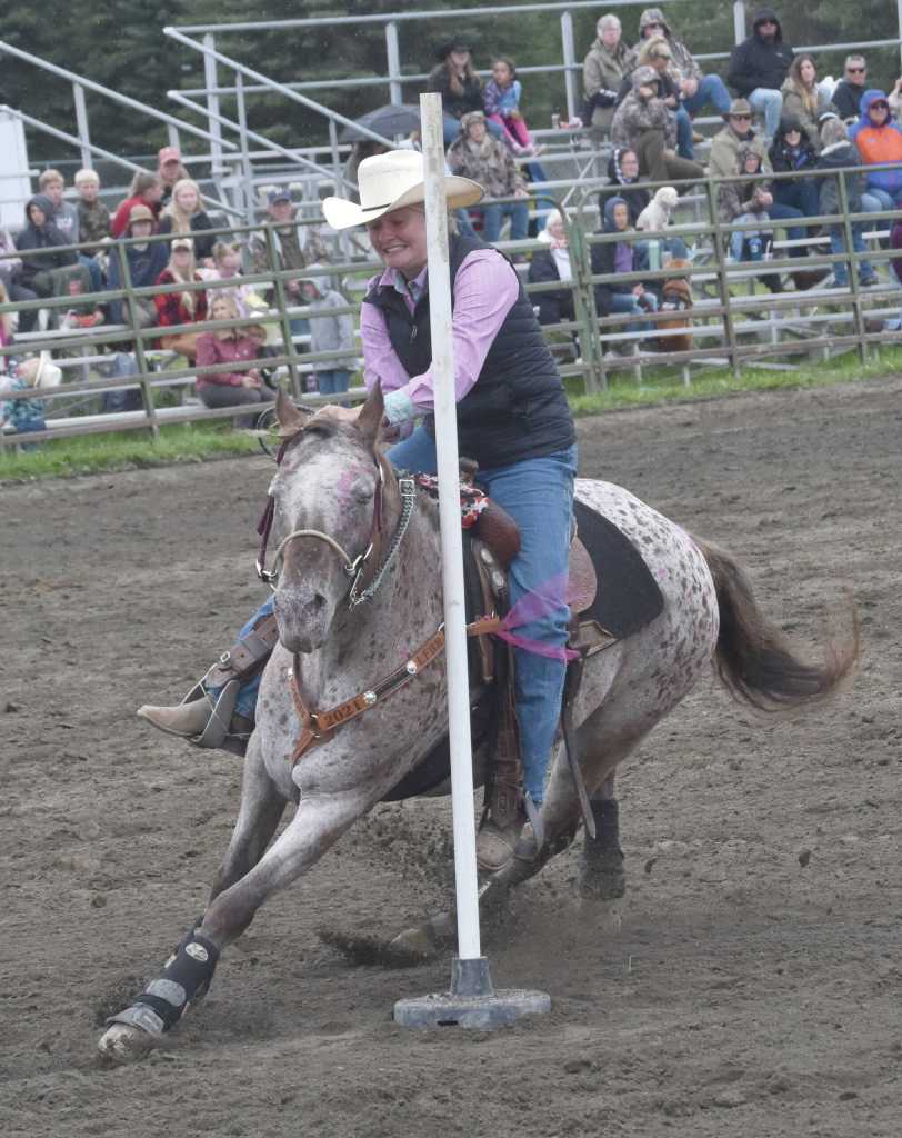Hally Hanson competes in Pole Bending at the third Soldotna Equestrian Association rodeo of the season Sunday, July 28, 2024, at the Soldotna Rodeo Grounds in Soldotna, Alaska. (Photo by Jeff Helminiak/Peninsula Clarion)