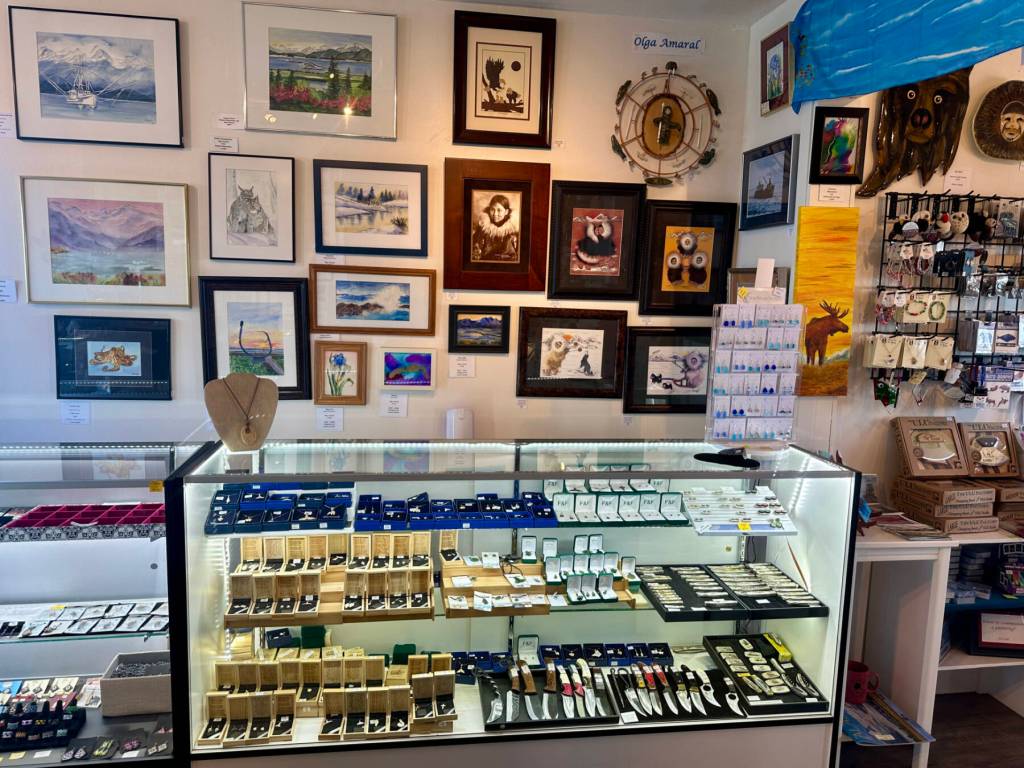 Handmade art is photographed on display on Wednesday, July 31, 2024, at Diamond Ridge Gallery & Gifts, owned by Olga Amaral and located on the Homer Shores boardwalk on the Homer Spit in Homer, Alaska. Photo by Christina Whiting