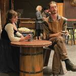 Katia Holmes and and Liam James rehearse script for Falstaff and the Endless Machine at the Pier One Theatre on Aug. 1, 2024 in Homer, Alaska. (Emilie Springer/ Homer News)