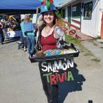 Caroline Gatling with Cook Inletkeeper educates festival-goers on salmon trivia during Salmonfest on Sunday, Aug. 4<ins>,</ins><ins> 2024,</ins> in Ninilchik<ins>,</ins> <ins>Alaska</ins>. (Delcenia Cosman/Homer News)