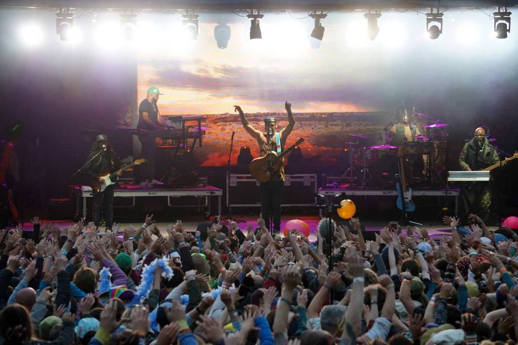 Michael Franti & Spearhead perform at Salmonfest in Ninilchik, Alaska, on Saturday, Aug. 3, 2024. (Jake Dye/Peninsula Clarion)