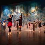 (from left to right) Nutcracker ballet performers Aria Palma, Jaelynn Kennon, Tiya Martushev, Talli Dalke, Ireland Styvar, Sofia Loboy and Ella Gustafson rehearse the Snow dance onstage at the Homer High School Mariner Theatre on Sunday, Nov. 19, 2023 in Homer, Alaska. Photo by Chris Kincaid