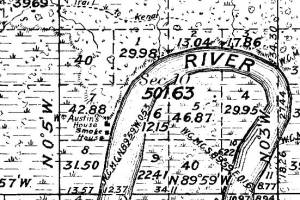 This excerpt from a survey dating back more than a century shows a large meander at about Mile 6 of the Kenai River. Along the outside of this river bend in 1948 were the homestead properties of Ethen Cunningham, William Franke and Charles Windy Wagner.