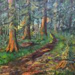 Invitation from an Alaskan Spruce Forest is an acrylic painting by Bonnie Dupree on display through August 2024, in the Homer Public Library Fireplace Lounge in Homer, Alaska. Photo provided by Bonnie Dupree