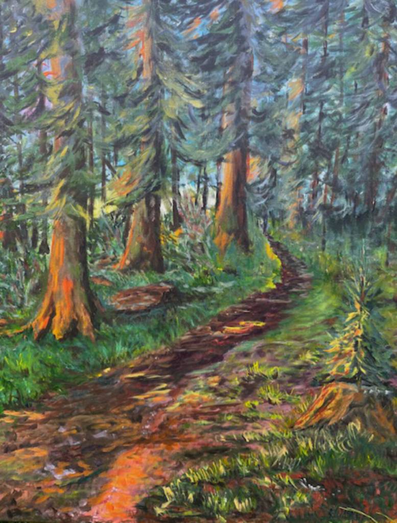 Invitation from an Alaskan Spruce Forest is an acrylic painting by Bonnie Dupree on display through August 2024, in the Homer Public Library Fireplace Lounge in Homer, Alaska. Photo provided by Bonnie Dupree