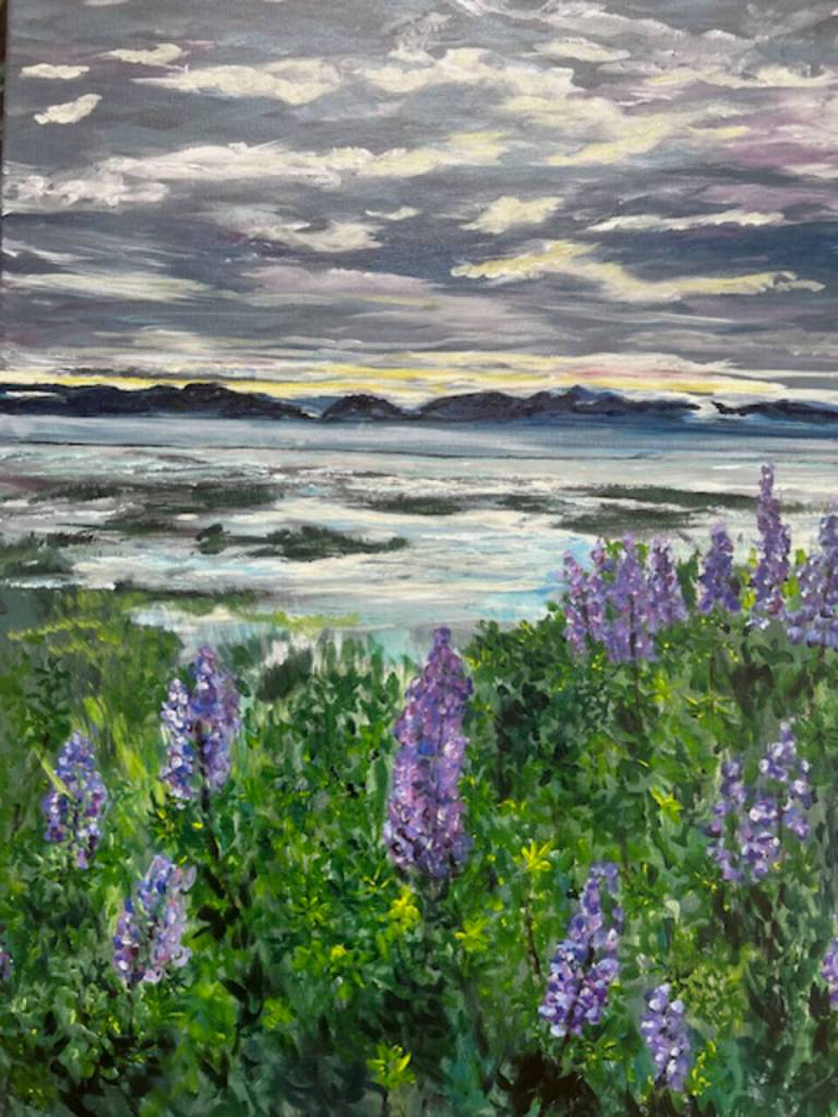 Our Bay in June is an acrylic painting by Bonnie Dupree on display at the Homer Public Library through August 2024, in Homer, Alaska. Photo provided by Bonnie Dupree