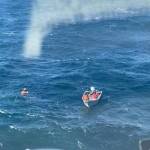 Richard Gregoire of Homer and Darrell Card of Sterling were rescued by the U.S. Coast Guard Air Station Kodiak after being stranded in their skiff after their boat sank on Monday, Aug. 12, 2024, 62 miles off the coast of Kodiak, Alaska. Photo courtesy of the U.S. Coast Guard
