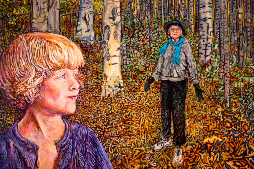 "Woods is Her Maiden Name" is an acrylic painting by Marjorie Scholl, on display through September in her exhibit, "Inner Stellar" at the Pratt Musuem in Homer, Alaska. Photo by Chris Kincaid