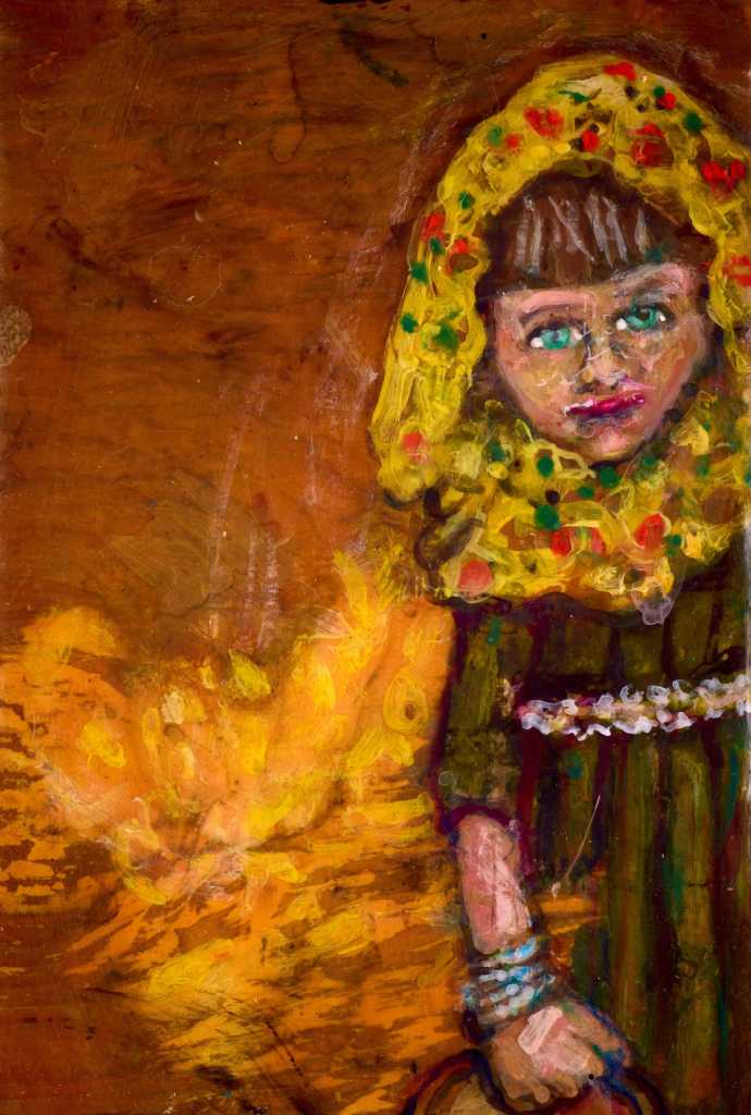 Newcomers #35 - Fire Child is an acrylic-on-panel painting by Marjorie Scholl, on display through September in her exhibit, Inner Stellar at the Pratt Musuem in Homer, Alaska. Photo by Chris Kincaid