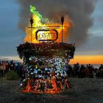 The 2023 Burning Basket, titled Create, burns after sundown on Sept 10, 2023 at Mariner Park in Homer, Alaska. Photo provided by Mavis Muller