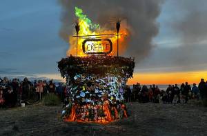 The 2023 Burning Basket, titled Create, burns after sundown on Sept 10, 2023 at Mariner Park in Homer, Alaska. Photo provided by Mavis Muller