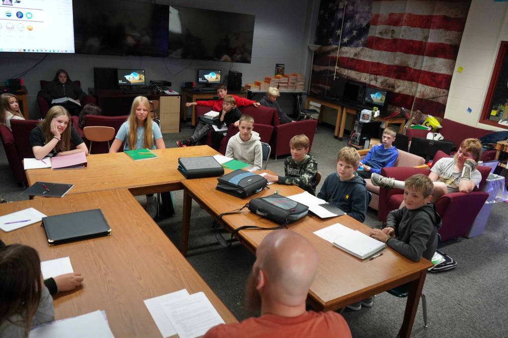 Jonus Kaponus-Angleton speaks to his class on the first day of the school year at Skyview Middle School near Soldotna, Alaska, on Wednesday, Aug. 21, 2024. (Jake Dye/Peninsula Clarion)