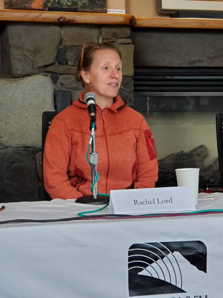 Homer city council member and mayoral candidate Rachel Lord answers questions posed by moderators from KBBI and the Peninsula Clarion during a forum held on Thursday, Aug. 29, 2024, in the Homer Public Library Fireplace Lounge in Homer, Alaska. (Delcenia Cosman/Homer News)