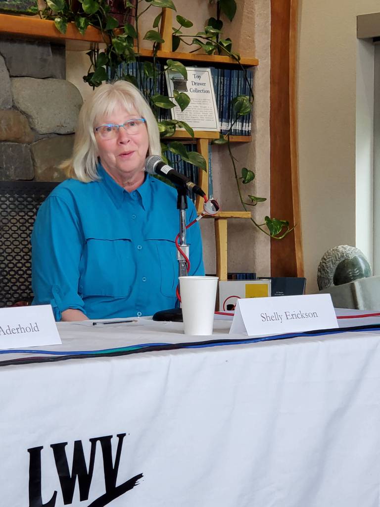 Homer city council member and incumbent candidate Shelly Erickson answers questions posed by moderators from KBBI and the Peninsula Clarion during a forum held on Thursday, Aug. 29, 2024, in the Homer Public Library Fireplace Lounge in Homer, Alaska. (Delcenia Cosman/Homer News)