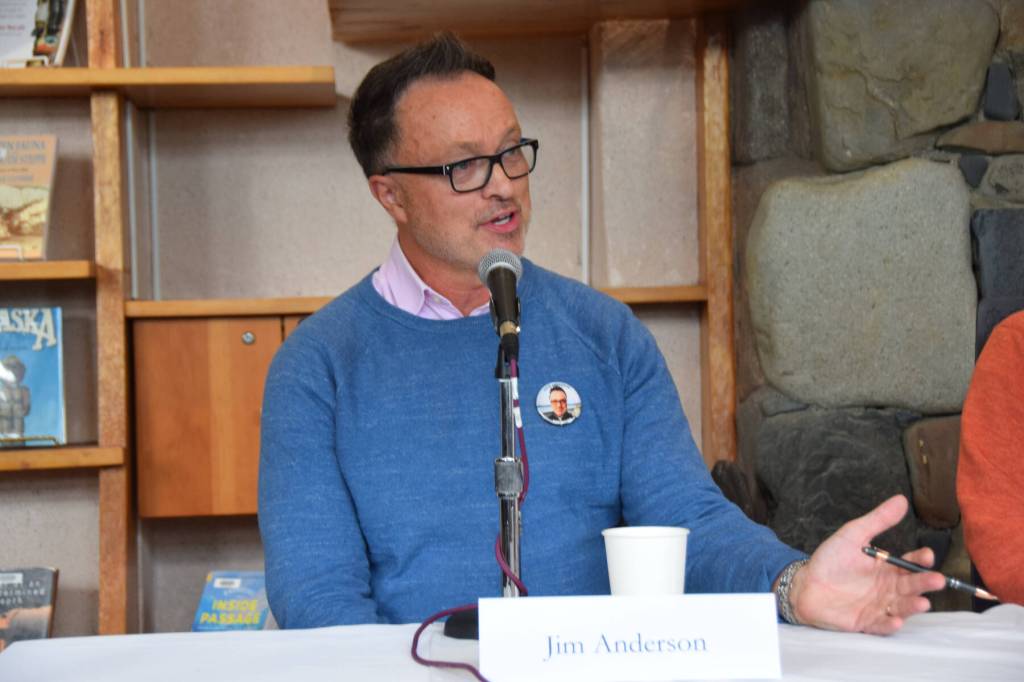 Jim Anderson, candidate for Homer mayor, give his opening statement during a forum held on Thursday, Aug. 29, 2024, in the Homer Public Library Fireplace Lounge in Homer, Alaska. (Delcenia Cosman/Homer News)