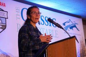 Rep. Mary Peltola delivers closing remarks at the Kenai River Sportfishing Associations Kenai Classic Roundtable at the Soldotna Regional Sports Complex in Soldotna, Alaska, on Wednesday, Aug. 21, 2024. (Jake Dye/Peninsula Clarion)