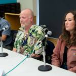 John Osenga, Michael Calhoon and Casie Warner participate in a Seward City Council candidate forum hosted by KBBI 890 AM and the Peninsula Clarion at the Seward Community Library and Museum in Seward, Alaska, on Thursday, Sept. 12, 2024. (Jake Dye/Peninsula Clarion)