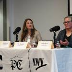 Sarah Douthit and Jeanne Reveal participate in a candidate forum for the Kenai Peninsula Borough School District Board of Education at the Soldotna Public Library in Soldotna on Monday. (Jamie Diep/KBBI)