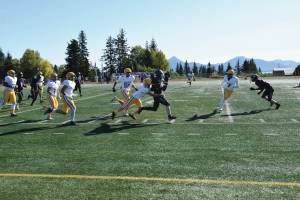Homer Mariners against the Barrow Whalers in the first quarter of the Sept. 21, 2024 homecoming game on the Mariner field in Homer, Alaska. Emilie Springer/ Homer News
Homer Mariners play against the Barrow Whalers in the first quarter of the homecoming game Saturday, Sept. 21, 2024 on the Mariner field in Homer, Alaska. Emilie Springer/ Homer News