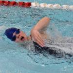 Soldotnas Gen Sheldon competes in the 400-yard freestyle relay at the Kenai Invitational on Saturday, Sept. 21, 2024, at Kenai Central High School in Kenai, Alaska. (Photo by Jeff Helminiak/Peninsula Clarion)