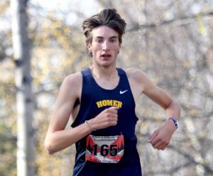 Homers Johannes Bynagle heads into the second lap of the Division II boys varsity race of the Region 3 Championships on Saturday, Sept. 28, 2024, in Wasilla, Alaska. (Photo by Jeremiah Bartz/Frontiersman)