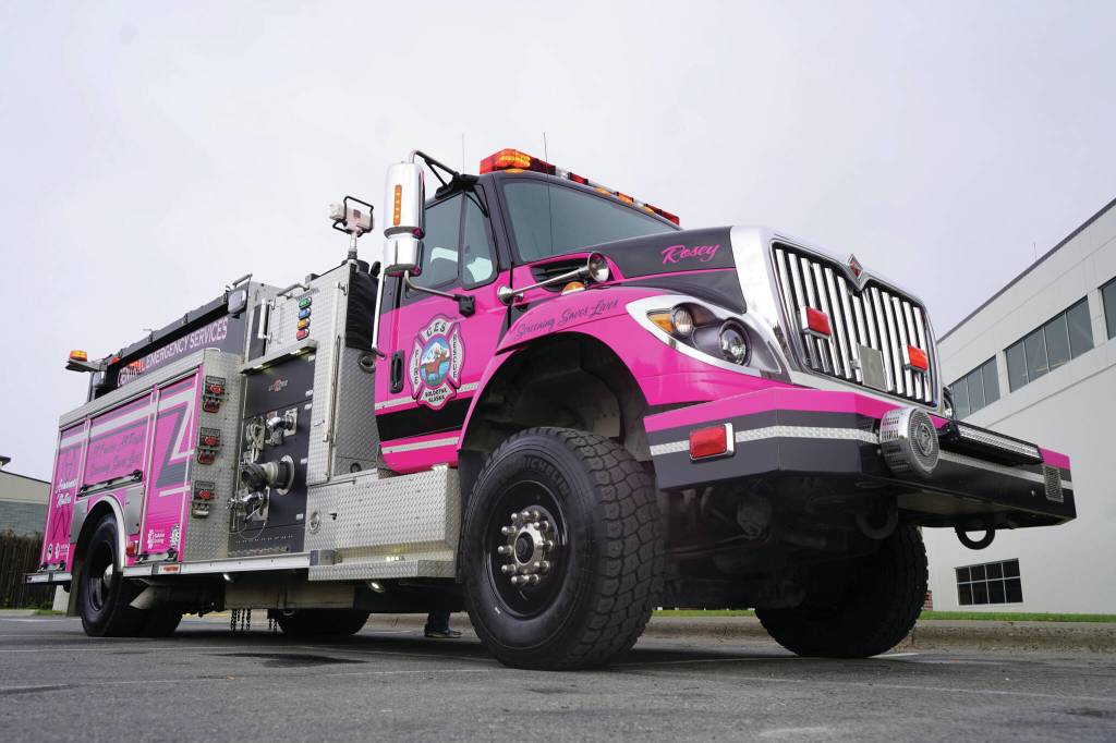 Miss Rosey, a pink fire engine dedicated to raising awareness about cancer prevention and screening, is seen after her unveiling at Central Peninsula Hospital in Soldotna on Saturday, Sept. 28. (Jake Dye/Peninsula Clarion)