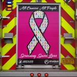 Miss Rosey, a pink fire engine dedicated to raising awareness about cancer prevention and screening, is seen after her unveiling at Central Peninsula Hospital in Soldotna, Alaska, on Saturday, Sept. 28, 2024. (Jake Dye/Peninsula Clarion)