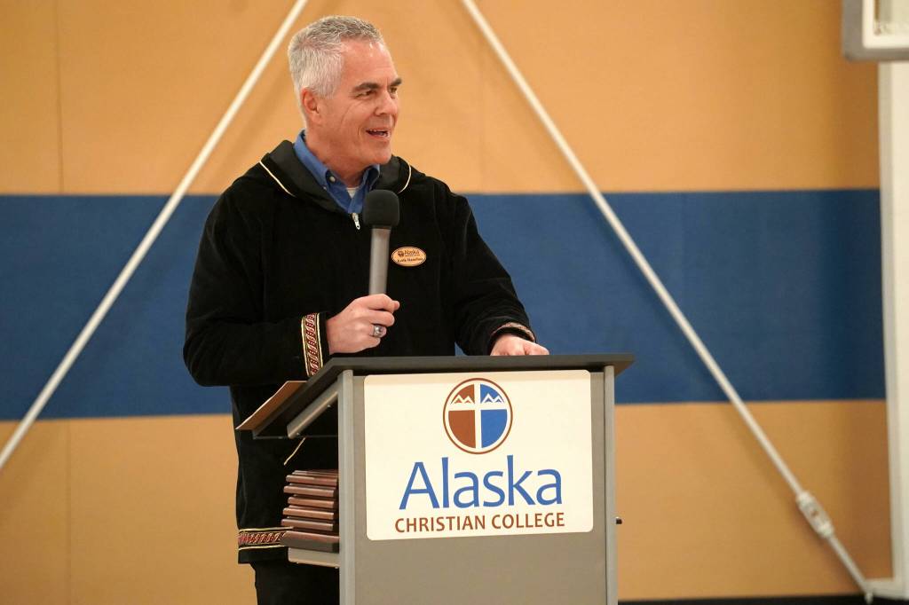 Alaska Christian College President Keith Hamilton speaks at a dedication ceremony for the colleges new athletic center at Alaska Christian College in Soldotna, Alaska, on Friday, Sept. 27, 2024. (Jake Dye/Peninsula Clarion)
