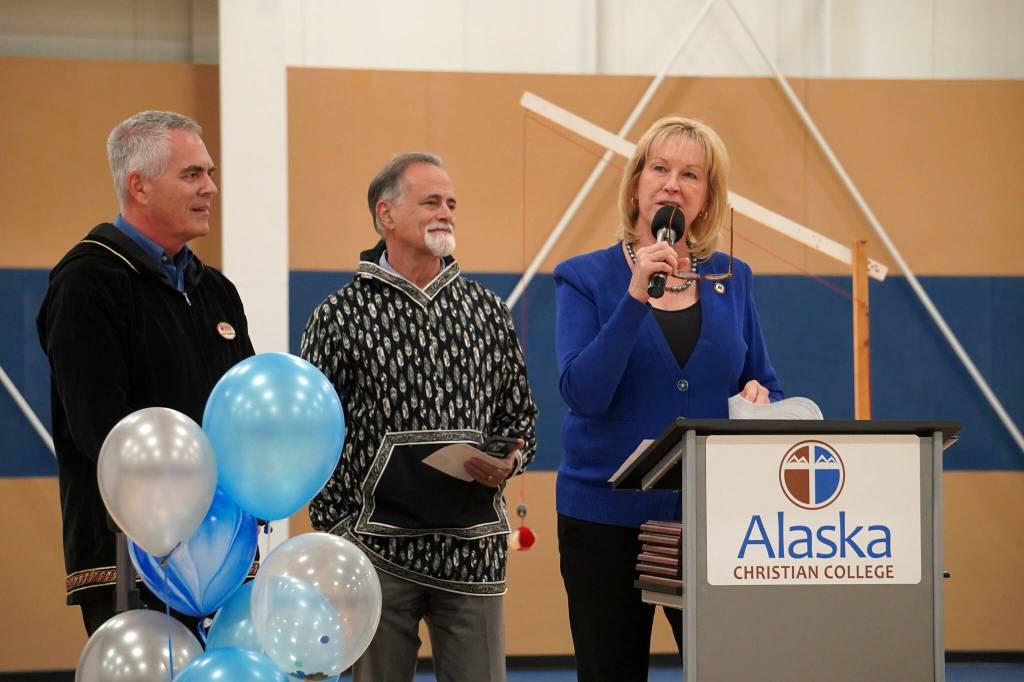 Alaska Lt. Gov. Nancy Dahlstrom, right, speaks during a dedication ceremony for Alaska Christian Colleges new athletic center at Alaska Christian College in Soldotna, Alaska, on Friday, Sept. 27, 2024. (Jake Dye/Peninsula Clarion)
