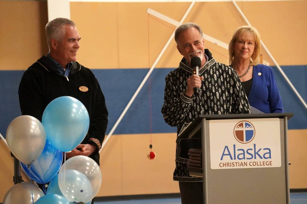 Kenai Peninsula Borough Mayor Peter Micciche, center, speaks during a dedication ceremony for Alaska Christian Colleges new athletic center at Alaska Christian College in Soldotna, Alaska, on Friday, Sept. 27, 2024. (Jake Dye/Peninsula Clarion)