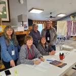Left to right: Loretta Stapel, Mary Perry, Bobby Ness, Carol Slavik and Maureen Tracy volunteer as election workers at the Anchor Point Community and Senior Center for the Kenai Peninsula Borough Regular Election on Tuesday, Oct. 1, 2024, in Anchor Point, Alaska. (Delcenia Cosman/Homer News)