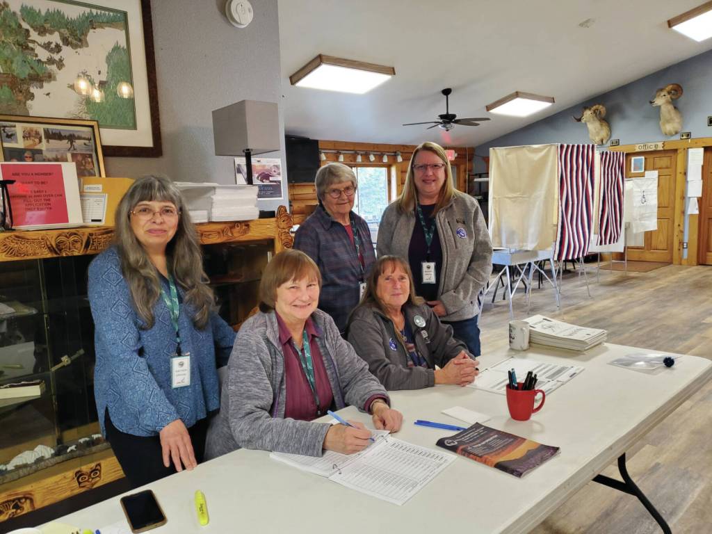 Left to right: Loretta Stapel, Mary Perry, Bobby Ness, Carol Slavik and Maureen Tracy volunteer as election workers at the Anchor Point Community and Senior Center for the Kenai Peninsula Borough Regular Election on Tuesday, Oct. 1 in Anchor Point. (Delcenia Cosman/Homer News)
