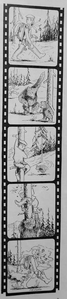 This five-panel cartoon depicting Warren Melville Nutters encounter with an angry black bear sow was created by F.W. Gabler to accompany Nutters story of the incident, which he wrote for the June 1936 issue of The Alaska Sportsman Magazine.