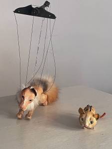 Emilie Springer/Homer News
Two of Maite Agopians hand-crafted wood puppets are displayed at Bunnell Street Arts Gallery on Tuesday. Oct. 8<ins>,</ins><ins> 2024 in Homer, </ins><ins>Alaska</ins>. Agopian is completing an artists residency with Bunnell for the month of October.