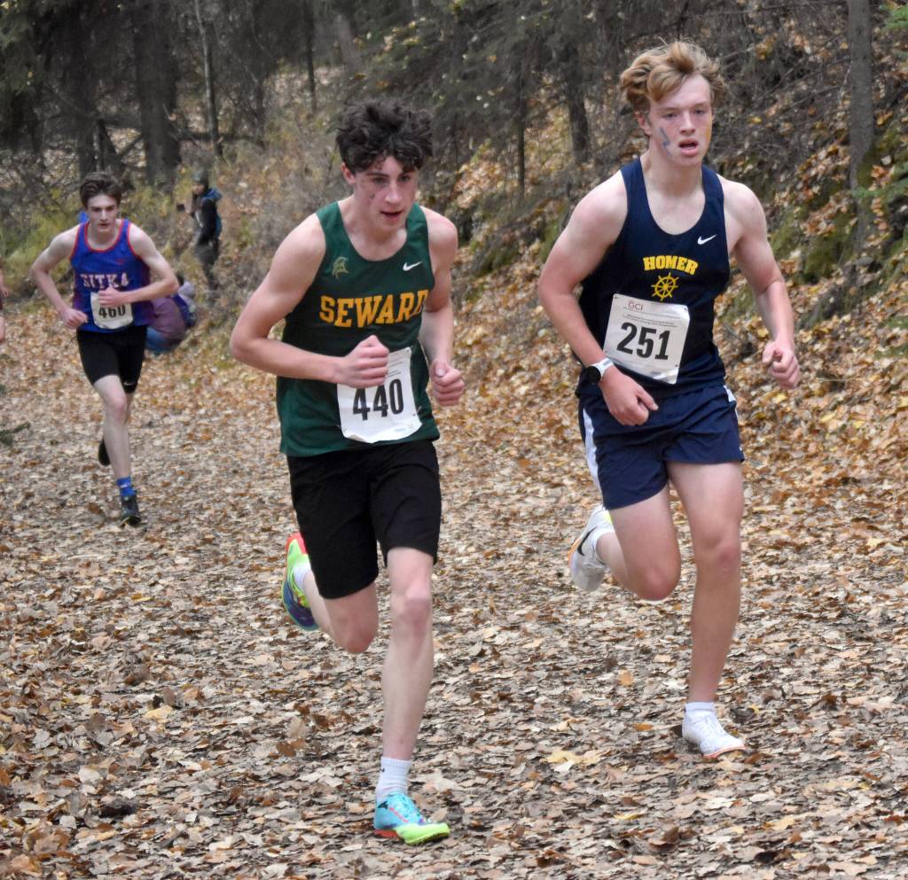 Sewards Luke Elhard and Homers Caleb Bunker compete in the Division II boys race at the state cross-country running meet on Saturday, Oct. 5, 2024, at Bartlett High School in Anchorage, Alaska. (Photo by Jeff Helminiak/Peninsula Clarion)
