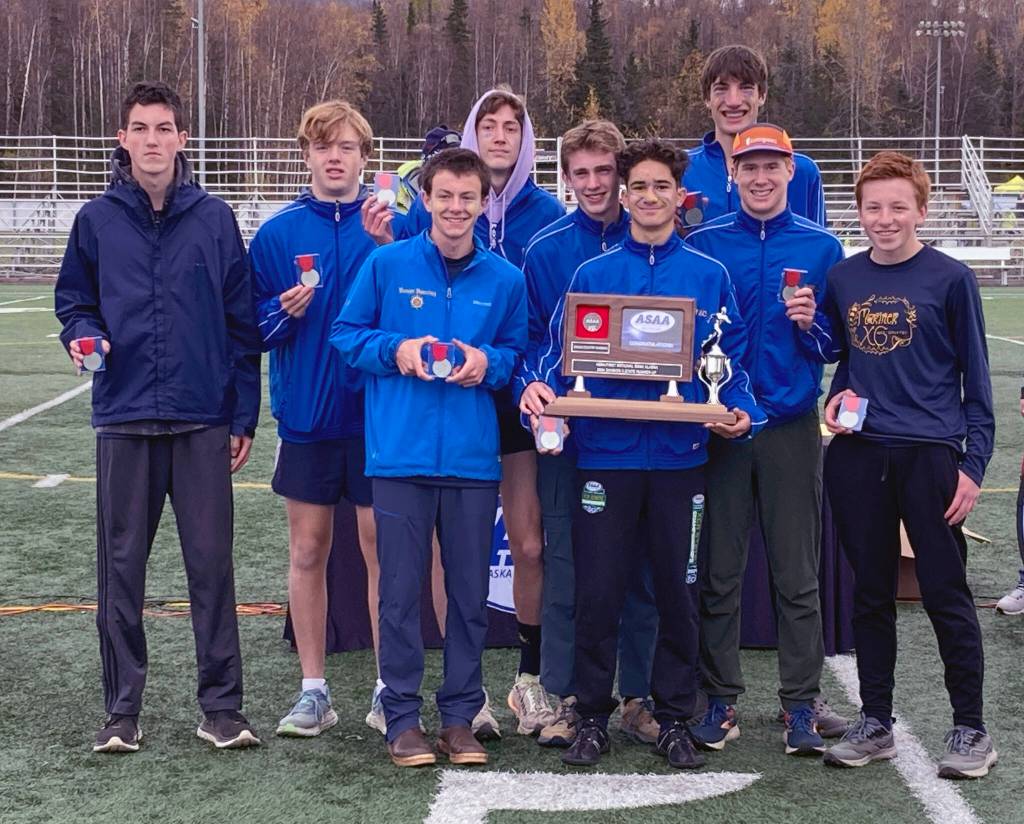 The Homer boys took second place in Division II at the state cross-country running meet on Saturday, Oct. 5, 2024, at Bartlett High School in Anchorage, Alaska. (Photo by Jeff Helminiak/Peninsula Clarion)