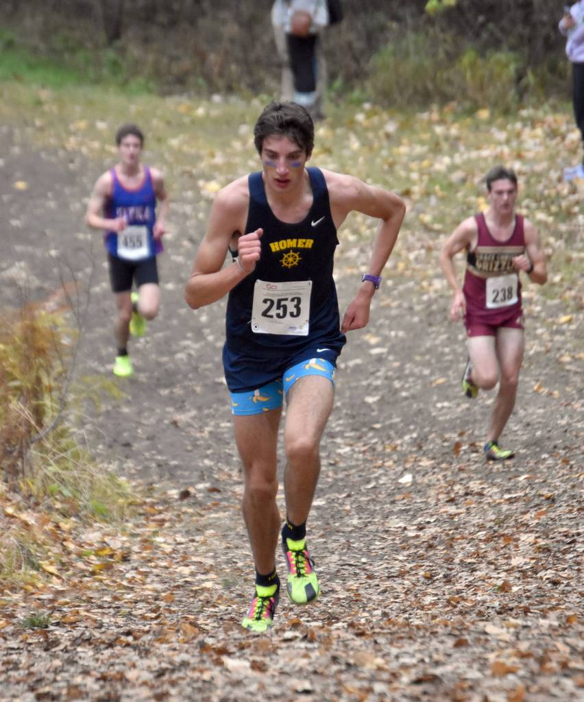 Homers Johannes Bynagle competes in the Division II boys race at the state cross-country running meet on Saturday, Oct. 5, 2024, at Bartlett High School in Anchorage, Alaska. (Photo by Jeff Helminiak/Peninsula Clarion)
