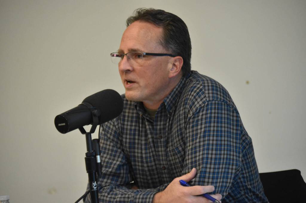 Alaska House Rep. Ben Carpenter (R-Nikiski) speaks at Senate District D candidate forum hosted by the Peninsula Clarion and KDLL 91.9 FM on Monday, Oct. 7, 2024, at the Soldotna Public Library in Soldotna, Alaska. (Photo by Erin Thompson/Peninsula Clarion)