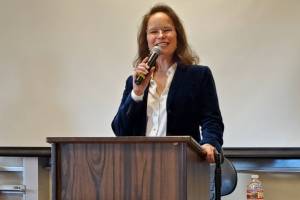 Incumbent Rep. Sarah Vance answers questions during a forum hosted by the Homer Chamber of Commerce for Alaska State House District 6 candidates on Monday, Oct. 14, 2024, at Kachemak Bay Campus in Homer, Alaska. (Delcenia Cosman/Homer News)